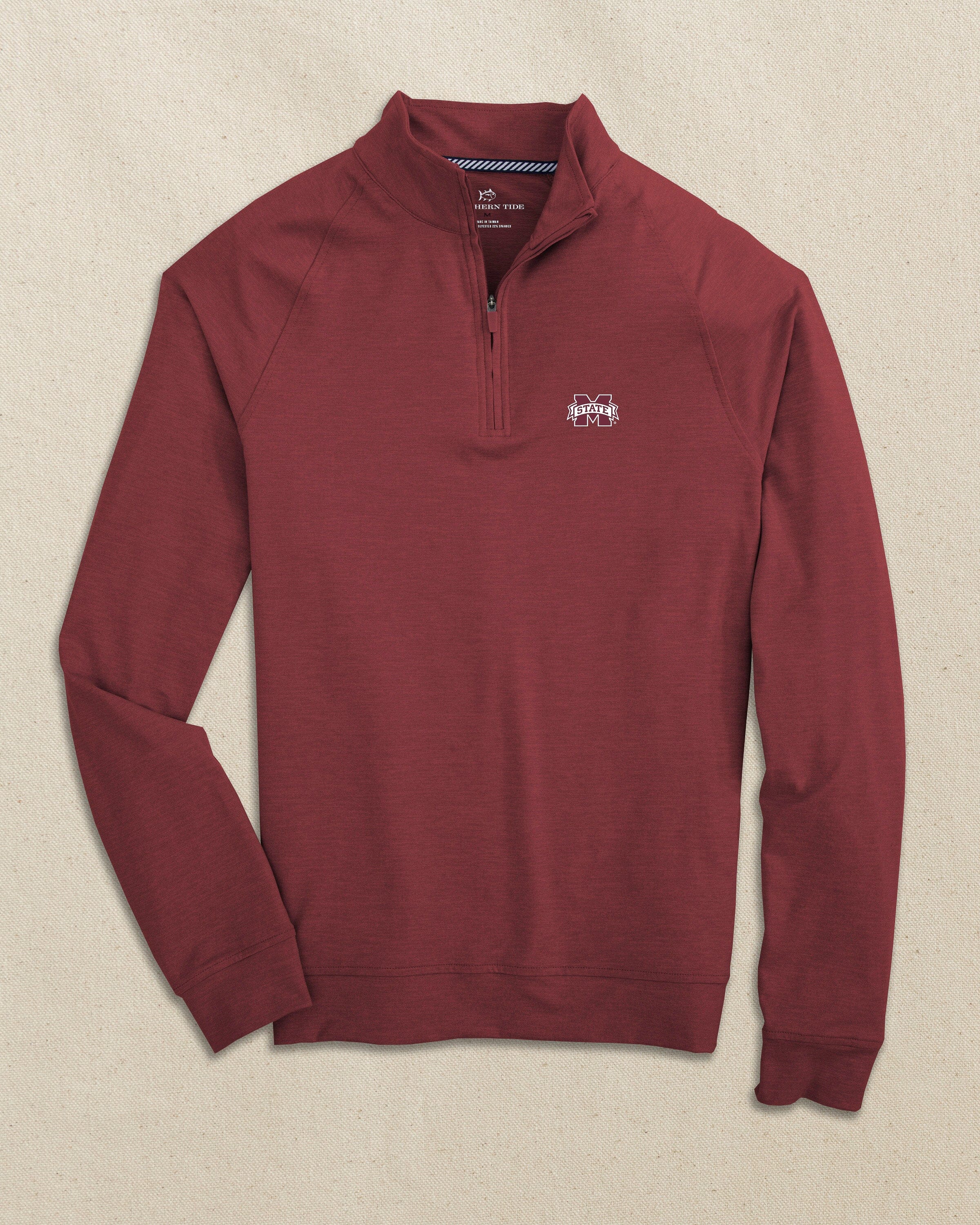 The front view of the Southern Tide Mississippi State Bulldogs Cruiser Quarter Zip by Southern Tide - Heather Chianti